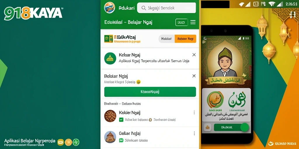 Antarmuka aplikasi 918KAYA dengan fitur Belajar Ngaji yang ramah pengguna.