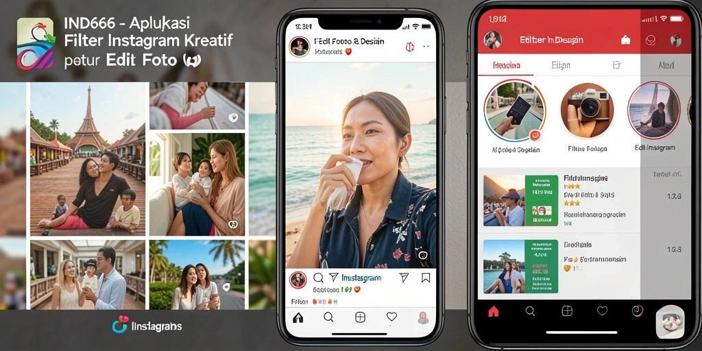 Screenshot aplikasi IND666 menampilkan berbagai filter Instagram yang menarik.