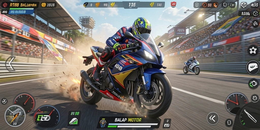 Antarmuka utama RI188 dengan tampilan balap motor yang menarik.